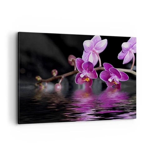 Impression sur toile - Image sur toile - Orchidées violettes sur une eau calme sur fond noir - 100x70cm - Reflet lilas de la beauté - Décoration murale moderne pour le salon et la chambre ARTTOR