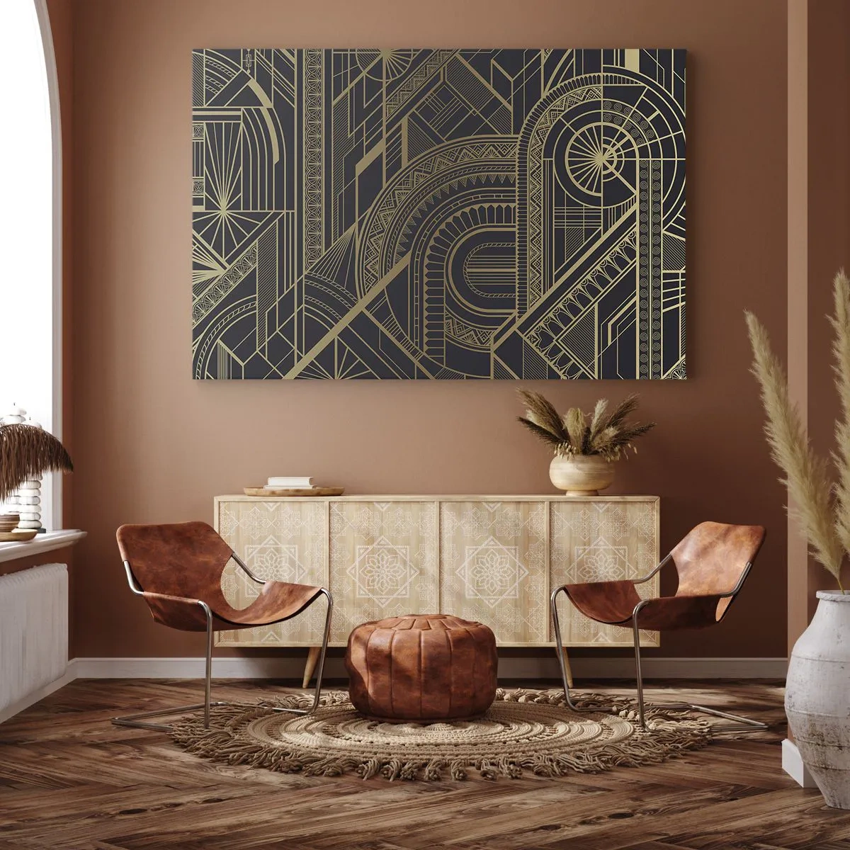 Impression sur toile - Image sur toile - Motifs géométriques dorés sur fond noir dans le style Art Déco - 120x80cm - Concept, idée, plan - Décoration murale moderne pour le salon et la chambre ARTTOR