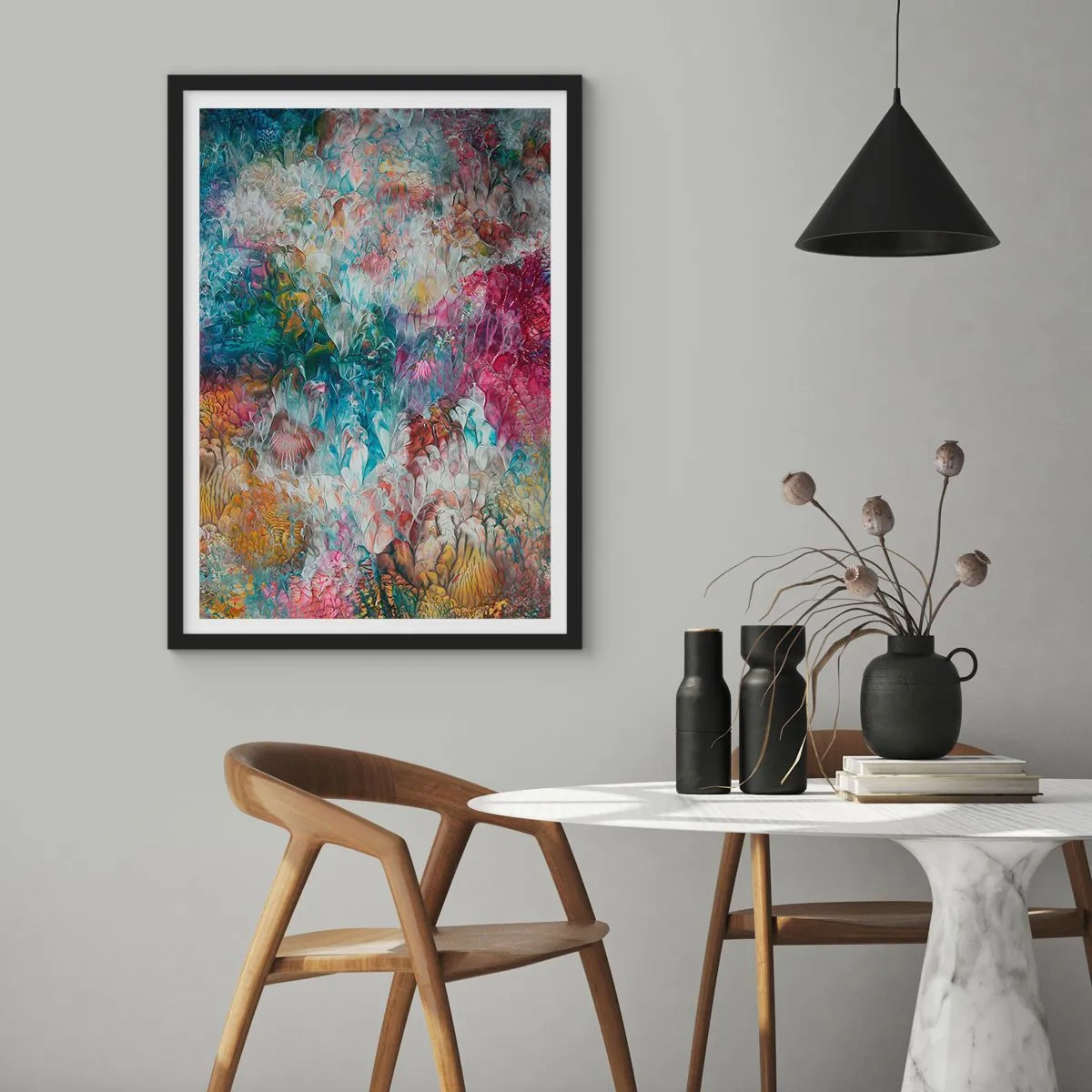 Affiche dans un cadre noir - Poster - Une composition abstraite ressemblant à des fleurs en fleurs - 50x70cm - En pleine floraison - Décoration murale moderne pour le salon et la chambre ARTTOR