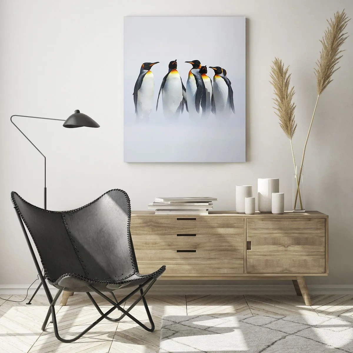 Impression sur verre - Image sur verre - Un groupe de pingouins dans un paysage hivernal - 50x70cm - Rencontre en robes de soirée - Décoration murale moderne pour le salon et la chambre ARTTOR
