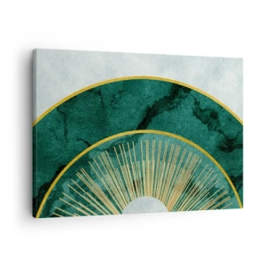 Impression sur toile - Image sur toile - Motif abstrait avec des cercles aux couleurs émeraude et or. - 70x50cm - Un autre système solaire - Décoration murale moderne pour le salon et la chambre ARTTOR