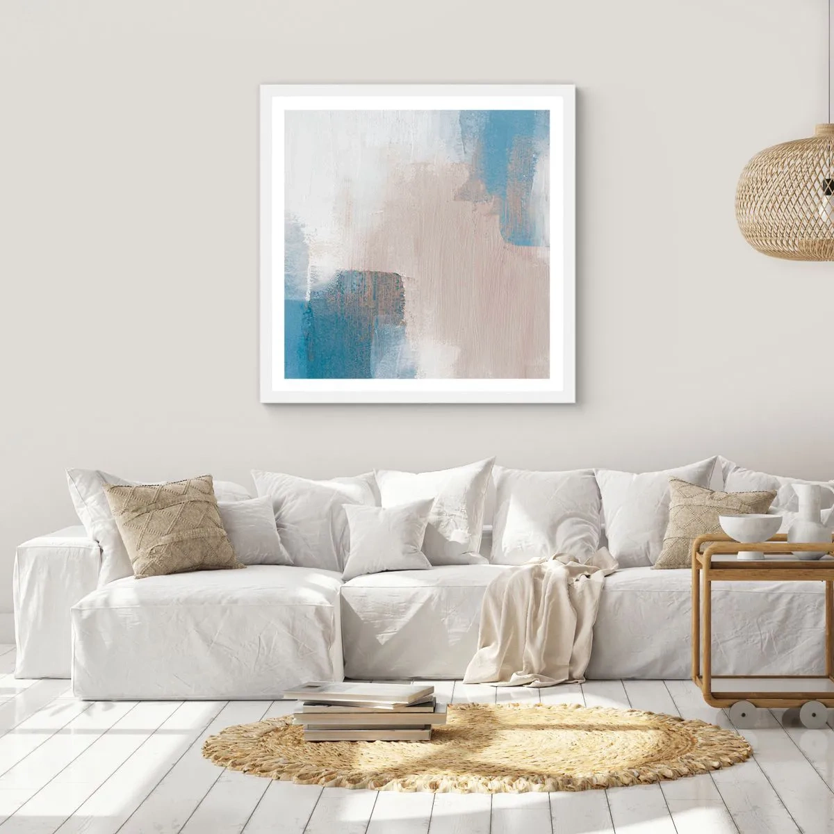 Affiche dans un cadre blanc - Poster - Abstraction rose derrière un rideau de bleu - 30x30 cm