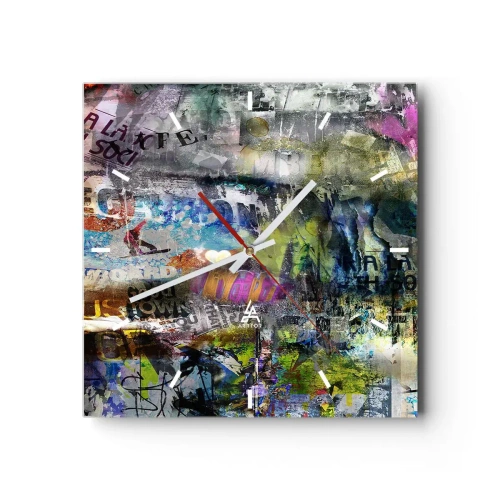Horloge murale - Pendule murale - Collage abstrait avec texte et couleurs variées - 30x30cm - Collage de souvenirs - Décoration murale moderne pour le salon et la chambre ARTTOR