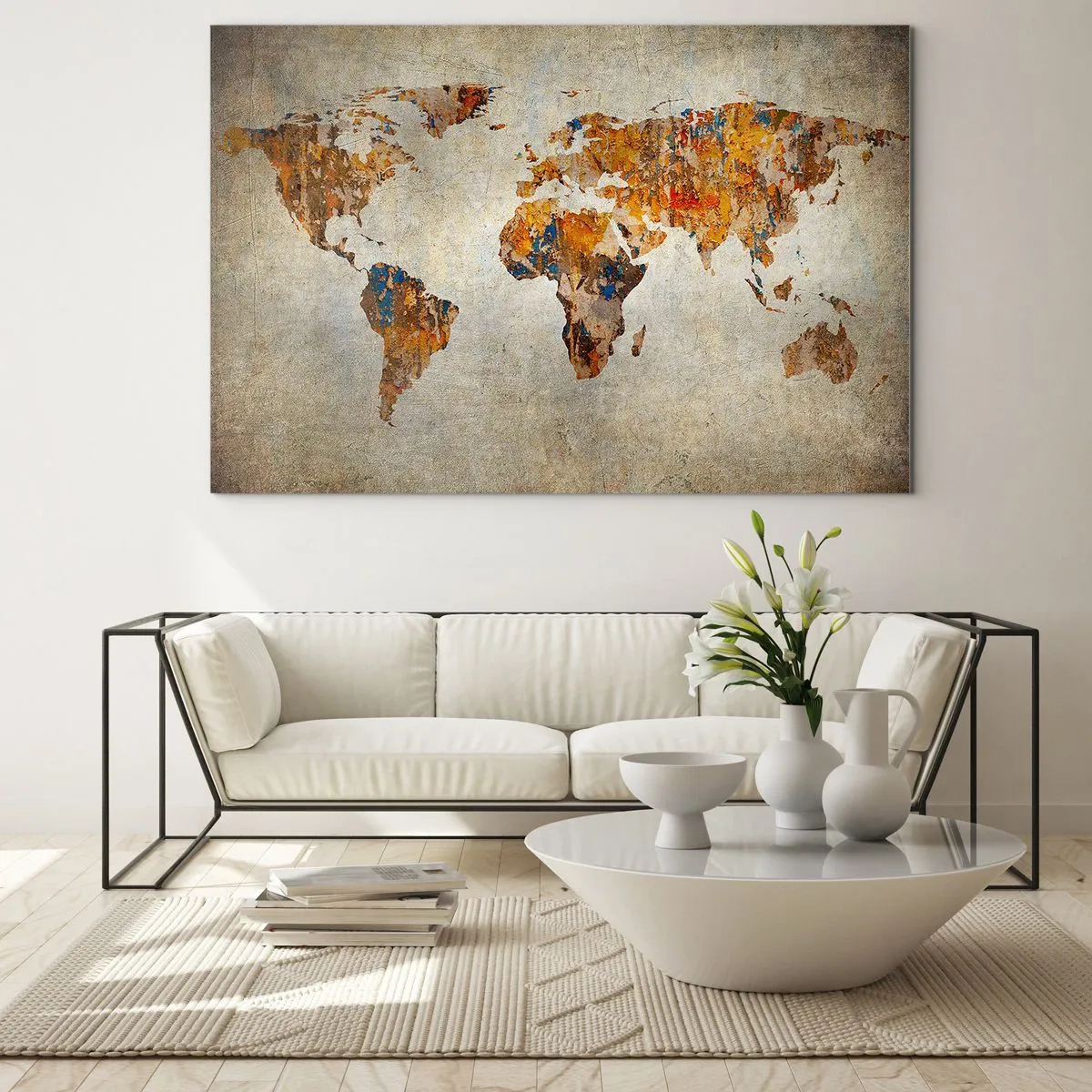 Impression sur verre - Image sur verre - Carte du monde artistique aux tons chauds - 70x50cm - Un monde vraiment immense - Décoration murale moderne pour le salon et la chambre ARTTOR