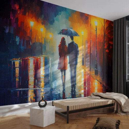 Papier Peint Photo Premium Sand - Ensemble – une nuit colorée - Couple, Romantique, Marcher - 350x256 cm