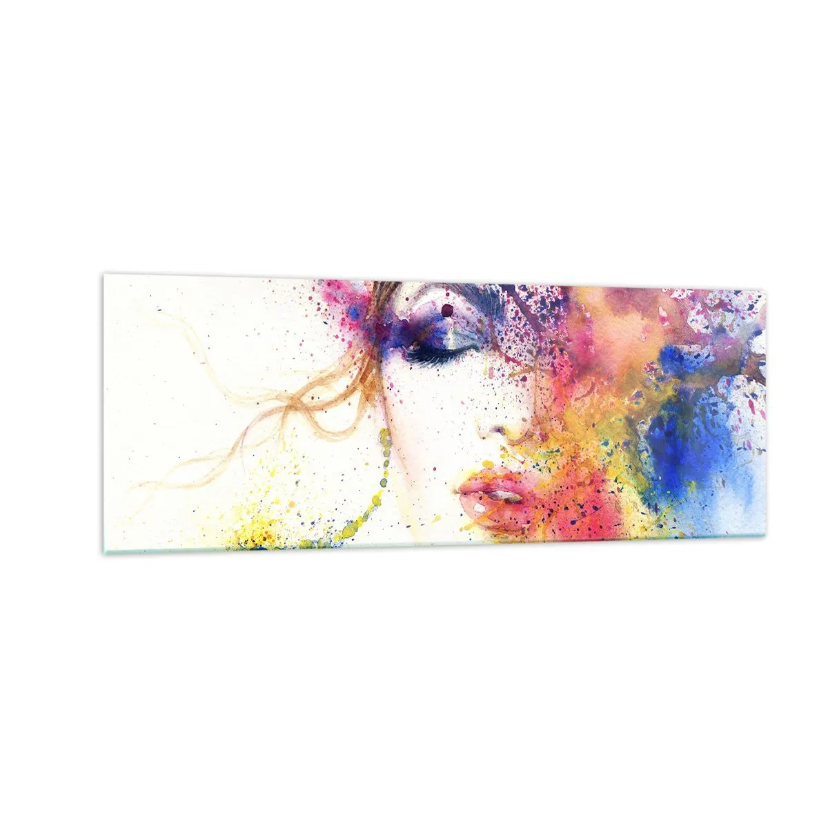 Impression sur verre - Image sur verre - Un portrait artistique d'une femme aux couleurs aquarelles expressives. - 140x50cm - Vertiges arc-en-ciel - Décoration murale moderne pour le salon et la chambre ARTTOR