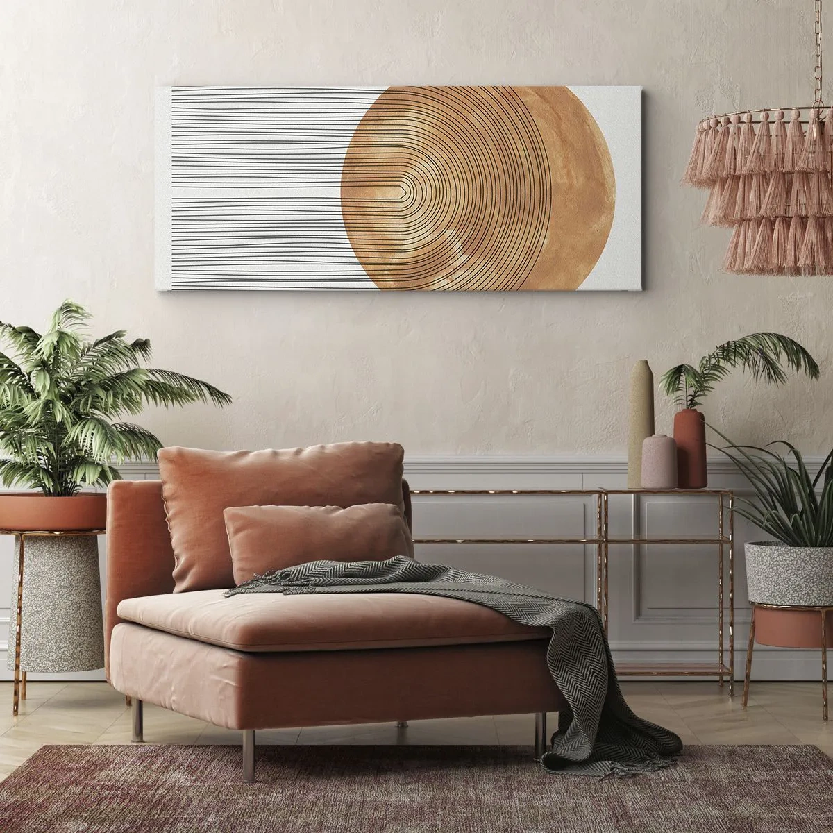 Impression sur toile - Image sur toile - Composition géométrique avec des cercles et des lignes aux couleurs chaudes. - 120x50cm - Composition solaire - Décoration murale moderne pour le salon et la chambre ARTTOR