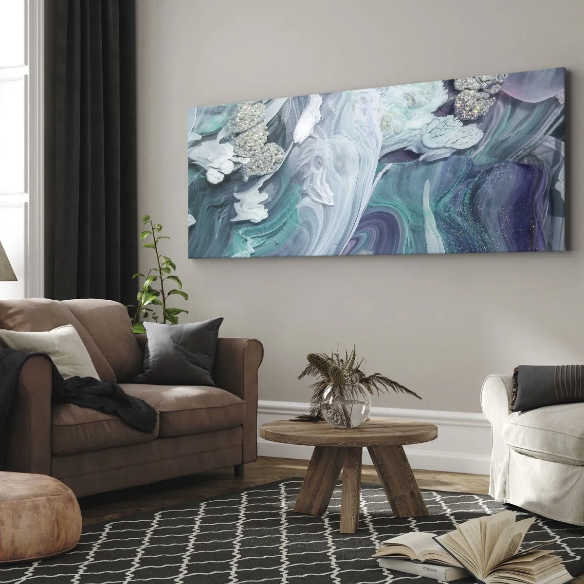 Impression sur toile - Image sur toile - Tourbillons abstraits dans des tons de bleu et de blanc - 160x50cm - Courants bleus - Décoration murale moderne pour le salon et la chambre ARTTOR