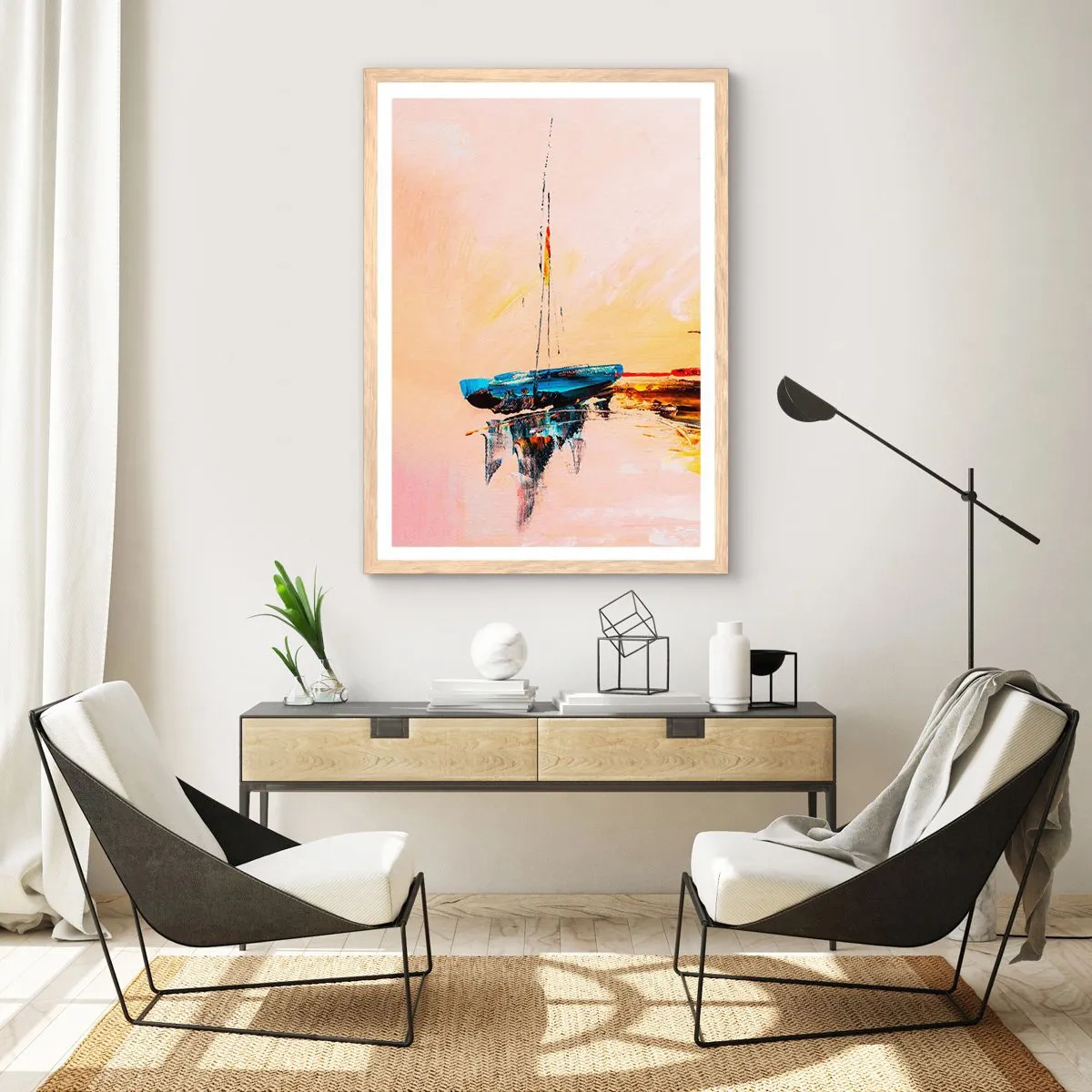 Affiche dans un chêne clair - Poster - Soirée à la marina - 70x100 cm