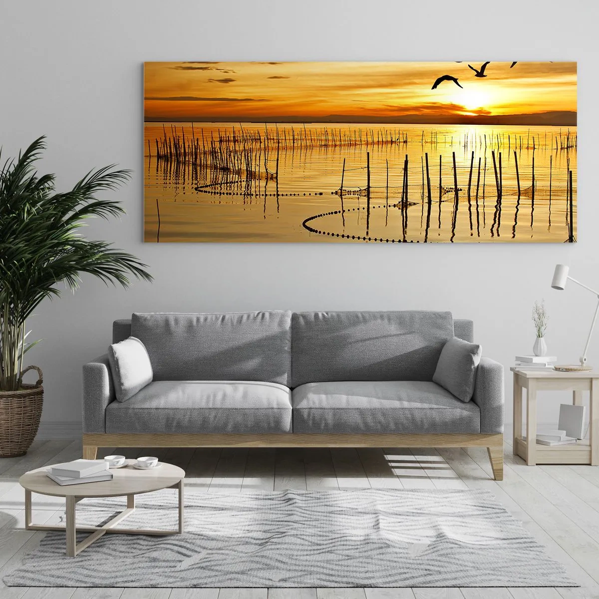 Impression sur verre - Image sur verre - Coucher de soleil sur l'eau avec des oiseaux en vol - 160x50cm - À la pêche - Décoration murale moderne pour le salon et la chambre ARTTOR
