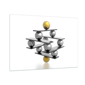 Impression sur verre - Image sur verre - Composition géométrique avec des boules et des plateformes sur fond blanc - 100x70cm - Balance d'or et d'argent - Décoration murale moderne pour le salon et la chambre ARTTOR