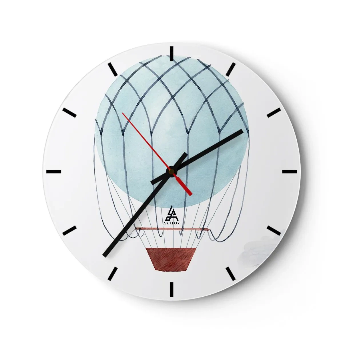 Horloge murale - Pendule murale - Illustration d'un ballon bleu sur fond blanc avec un panier - 30x30cm - Entièrement dans les nuages - Décoration murale moderne pour le salon, la cuisine et la chambre ARTTOR