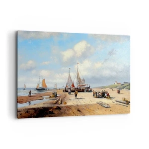 Impression sur toile - Image sur toile - Bateaux de pêche sur la plage avec des figures humaines - 100x70cm - Après une capture réussie - Décoration murale moderne pour le salon et la chambre ARTTOR