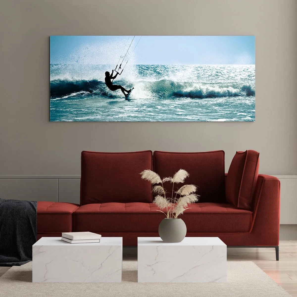 Impression sur verre - Image sur verre - Kitesurfeur sur une vague en plein soleil - 160x50cm - On se laisse emporter - Décoration murale moderne pour le salon et la chambre ARTTOR