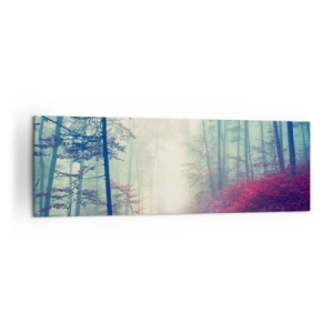 Impression sur toile - Image sur toile - Un sentier forestier magique entouré d'arbres et de brouillard - 160x50cm - Comme c'est bon de se lever à l'aube - Décoration murale moderne pour le salon et la chambre ARTTOR