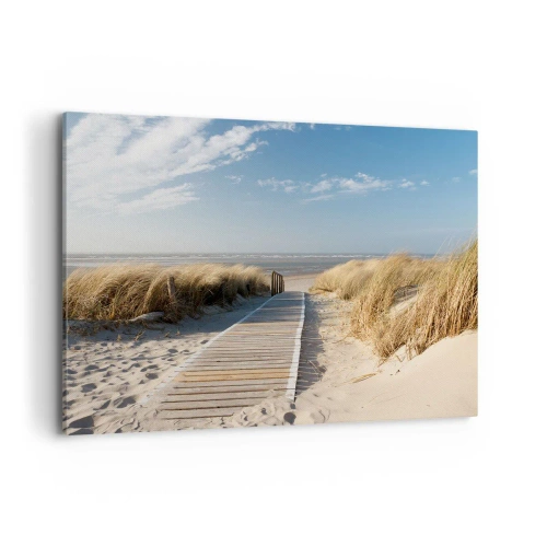 Impression sur toile - Image sur toile - Un chemin en bois mène à travers les dunes jusqu'à la mer calme - 120x80cm - Derrière la dune, dans le bruissement de l'herbe - Décoration murale moderne pour le salon et la chambre ARTTOR