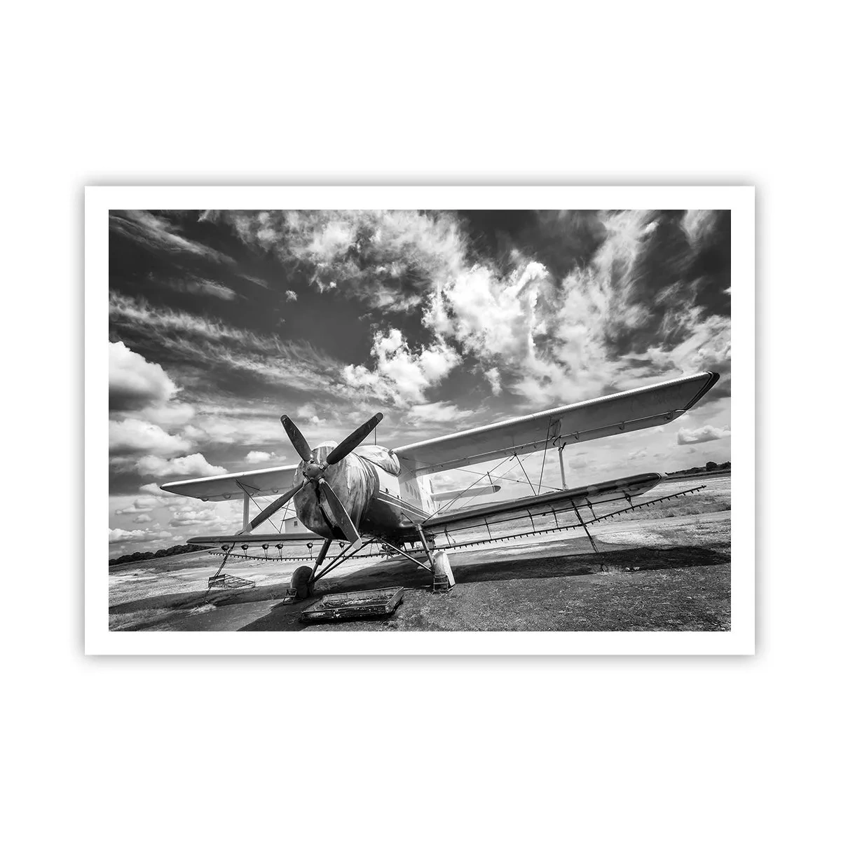 Affiche - Poster - Un vieil avion à l'aéroport en noir et blanc - 100x70cm - Je suis impatient! - Décoration murale moderne pour le salon et la chambre ARTTOR
