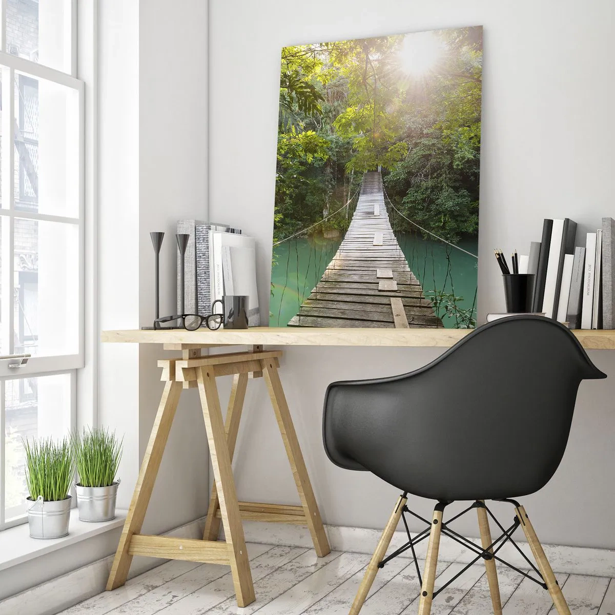 Impression sur verre - Image sur verre - Un pont suspendu dans une forêt tropicale illuminée par la lumière du soleil. - 70x100cm - De l'eau azur à la forêt azur - Décoration murale moderne pour le salon et la chambre ARTTOR