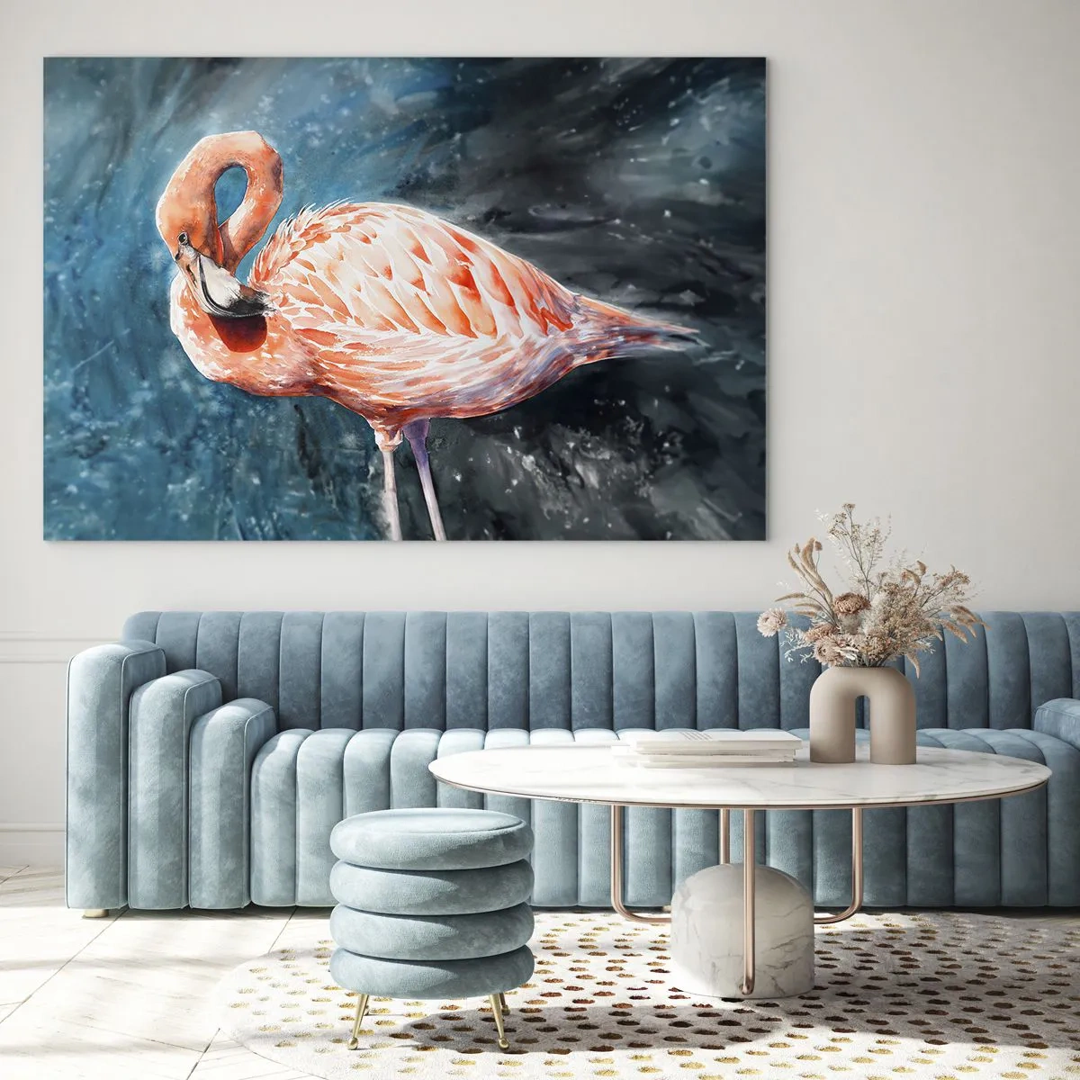 Impression sur verre - Image sur verre - Un flamant rose sur un fond aquarelle bleu - 70x50cm - Décoratif par nature - Décoration murale moderne pour le salon et la chambre ARTTOR