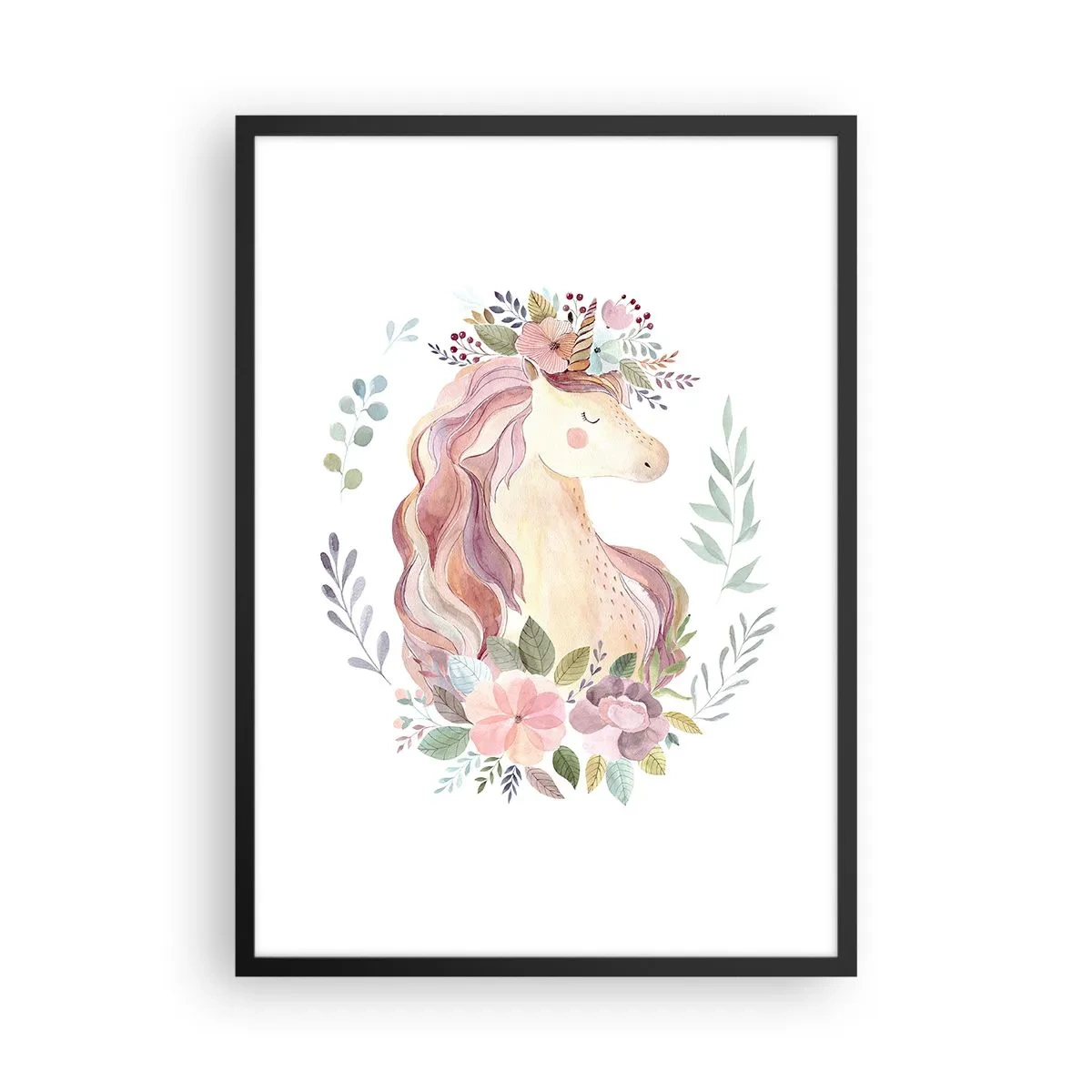 Affiche dans un cadre noir - Poster - Une licorne aquarelle entourée de fleurs pastel. - 50x70cm - Invitation au monde des contes de fées - Décoration murale moderne pour le salon et la chambre ARTTOR