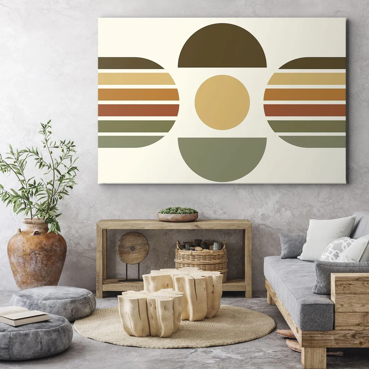 Impression sur toile - Image sur toile - Composition géométrique avec des demi-cercles et des rayures dans des tons terreux - 70x50cm - Dans les coulaurs de la terre - Décoration murale moderne pour le salon et la chambre ARTTOR