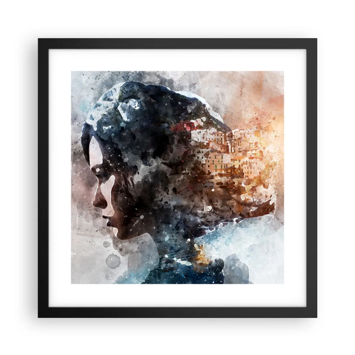 Affiche dans un cadre noir - Poster - L'histoire d'une fille avec une ville en arrière-plan - 40x40 cm