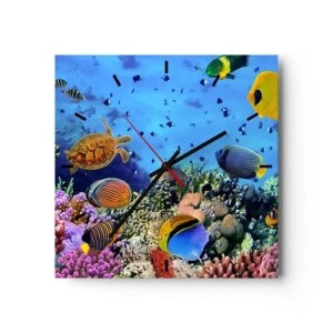 Horloge murale - Pendule murale - Récif corallien avec des poissons colorés et une tortue de mer - 30x30cm - Et que sait-on de la vie… - Décoration murale moderne pour le salon et la chambre ARTTOR