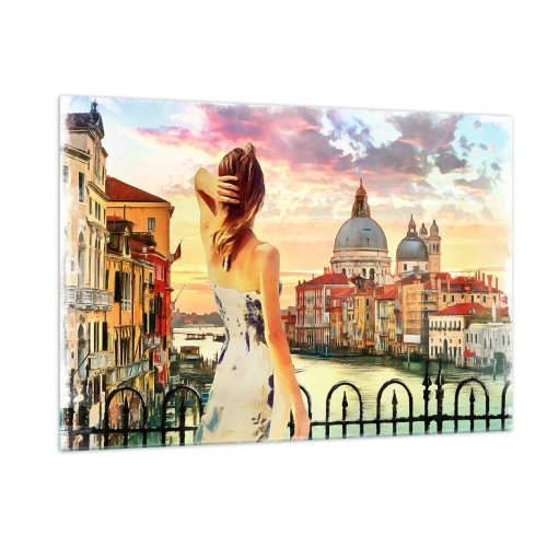 Impression sur verre - Image sur verre - Une femme admire la vue de Venise au coucher du soleil. - 120x80cm - Pour une aventure c'est uniquement dans ... - Décoration murale moderne pour le salon et la chambre ARTTOR