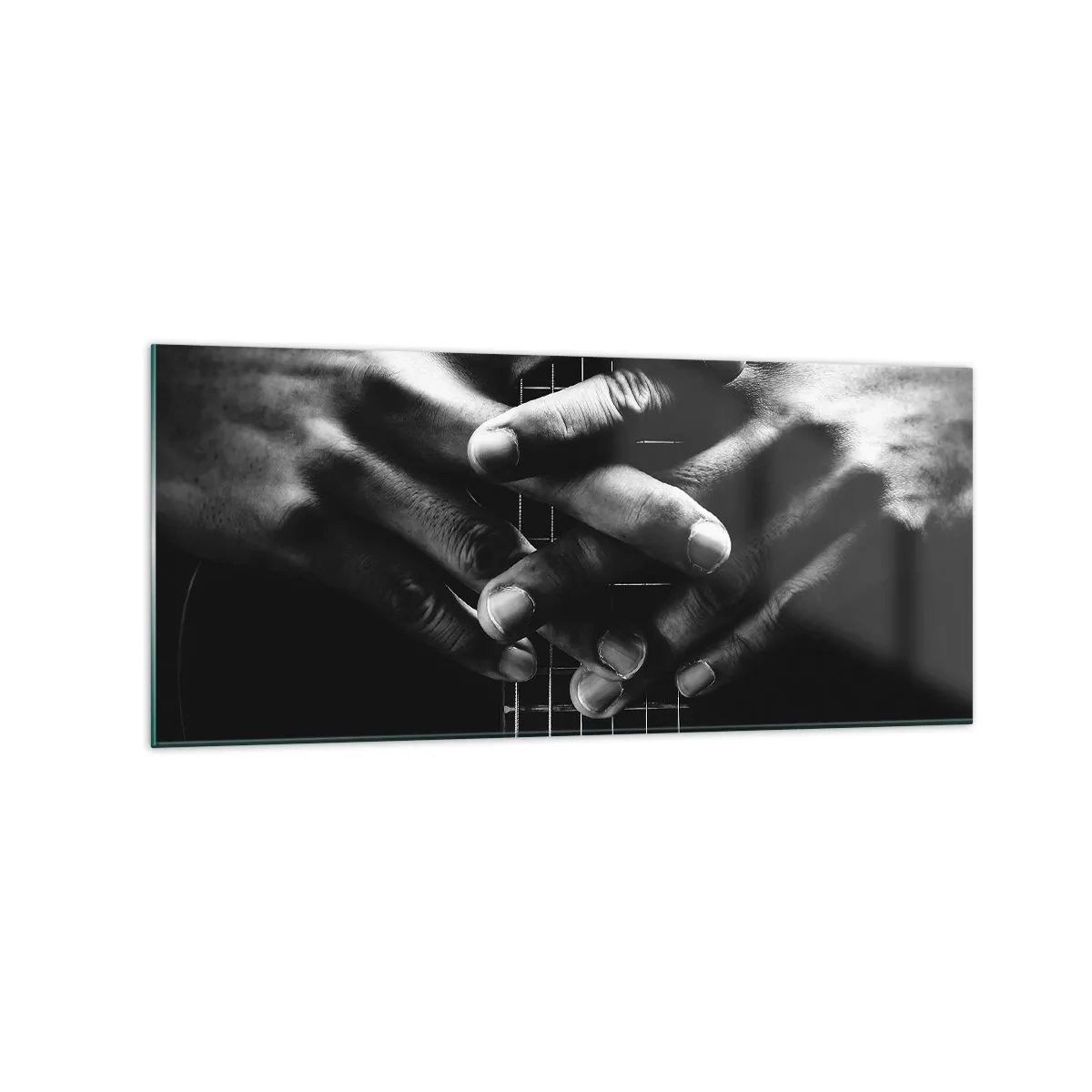 Impression sur verre - Image sur verre - Mains jointes sur une guitare dans un ton monochrome - 120x50cm - Prière d'artiste - Décoration murale moderne pour le salon et la chambre ARTTOR