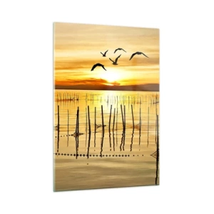 Impression sur verre - Image sur verre - Coucher de soleil sur un lac avec des oiseaux et des filets de pêche - 50x70cm - À la pêche - Décoration murale moderne pour le salon et la chambre ARTTOR