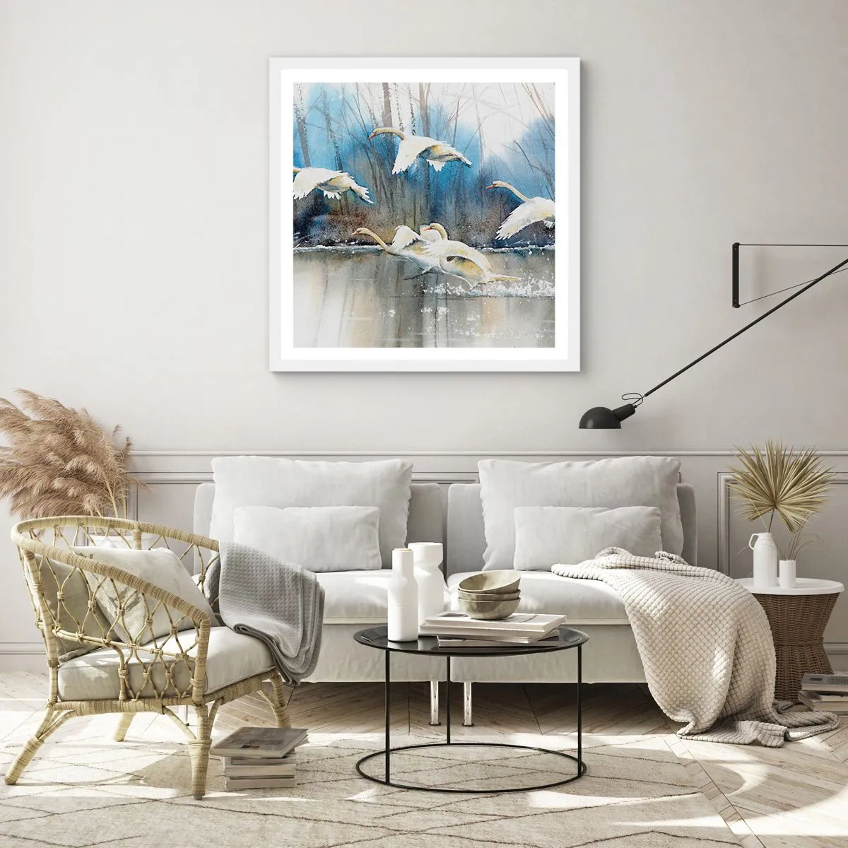 Affiche dans un cadre blanc - Poster - Comme dans un conte de fées sur les cygnes sauvages - 30x30 cm