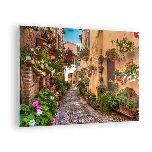 Impression sur verre - Image sur verre - Une charmante ruelle italienne avec des fleurs en pot et une rue pavée - 70x50cm - Ruelle italienne - Décoration murale moderne pour le salon et la chambre ARTTOR