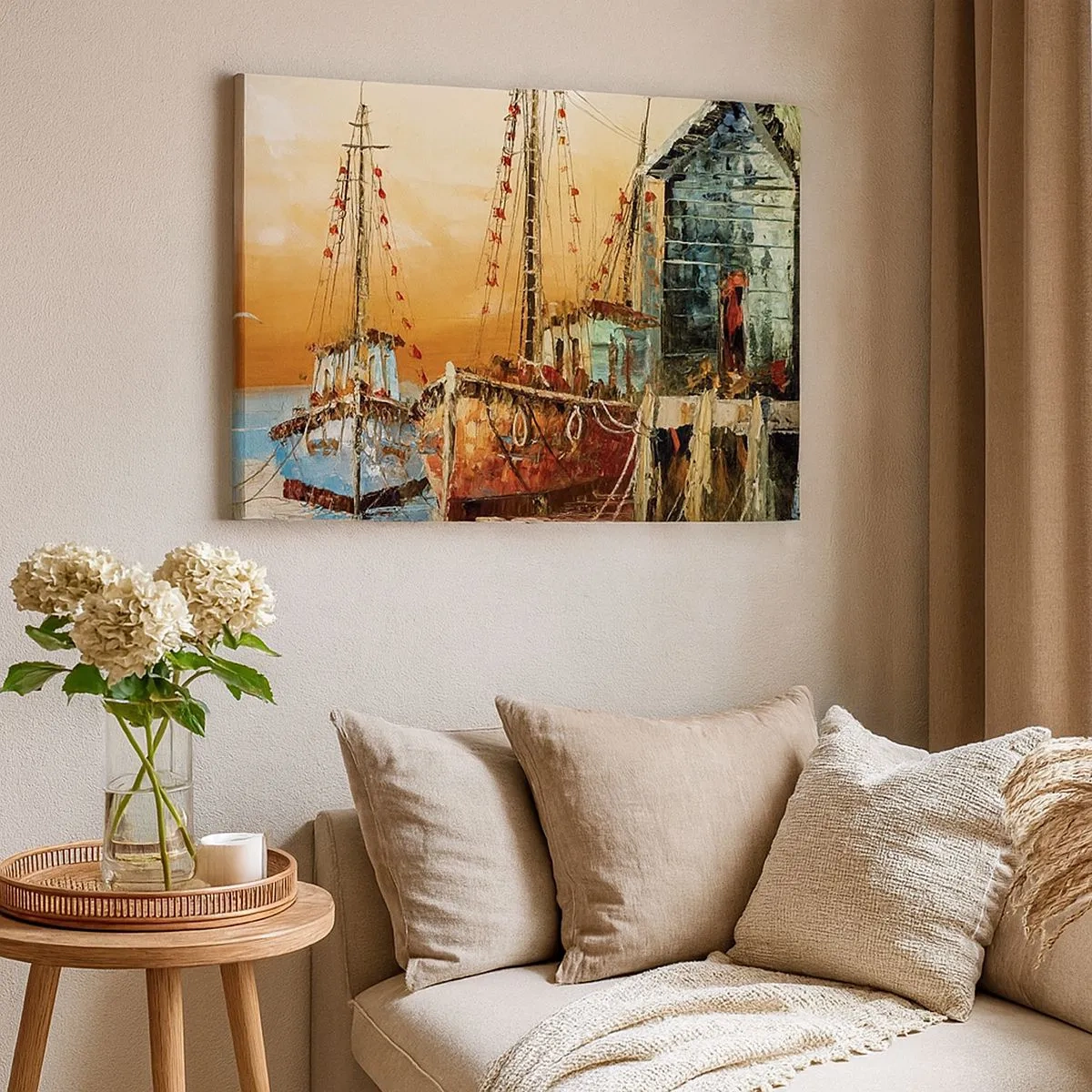 Impression sur toile - Image sur toile - Bateaux sur le rivage dans la chaude lumière du coucher de soleil - 70x50cm - Retour tranquille - Décoration murale moderne pour le salon et la chambre ARTTOR