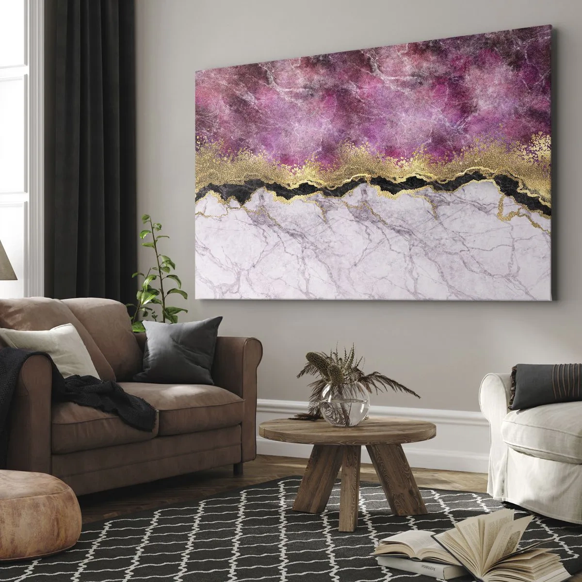 Impression sur toile - Image sur toile - Marbre abstrait dans des tons de rose avec des accents dorés - 120x80cm - À la frontière - Décoration murale moderne pour le salon et la chambre ARTTOR