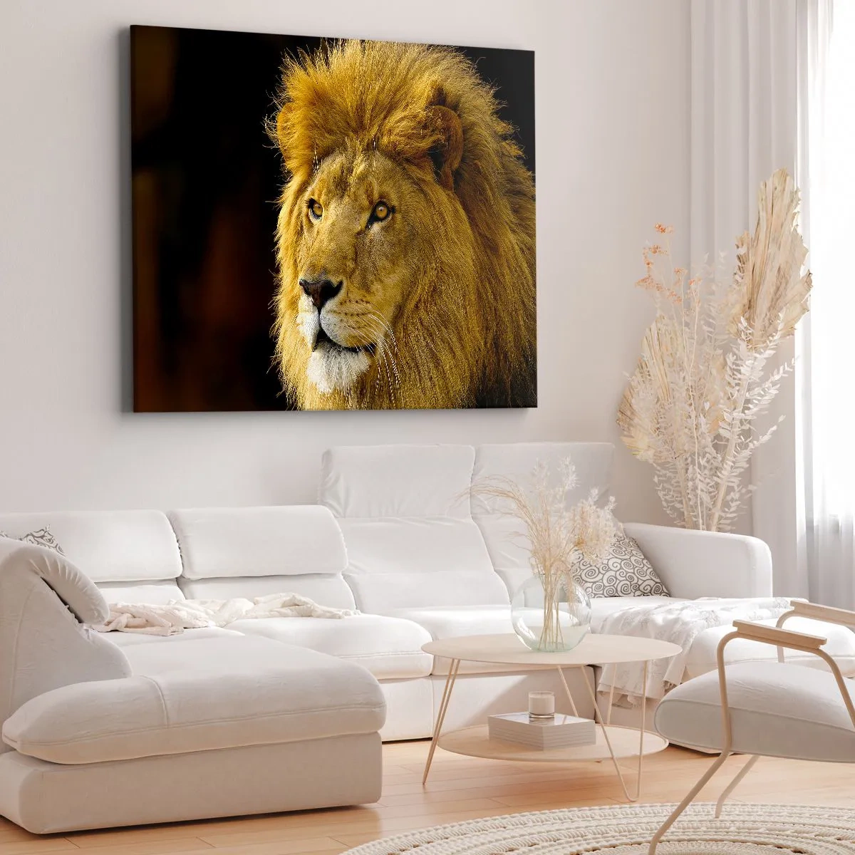 Impression sur toile - Image sur toile - Portrait d'un lion à la crinière majestueuse sur fond sombre - 100x70cm - Portrait de roi - Décoration murale moderne pour le salon et la chambre ARTTOR