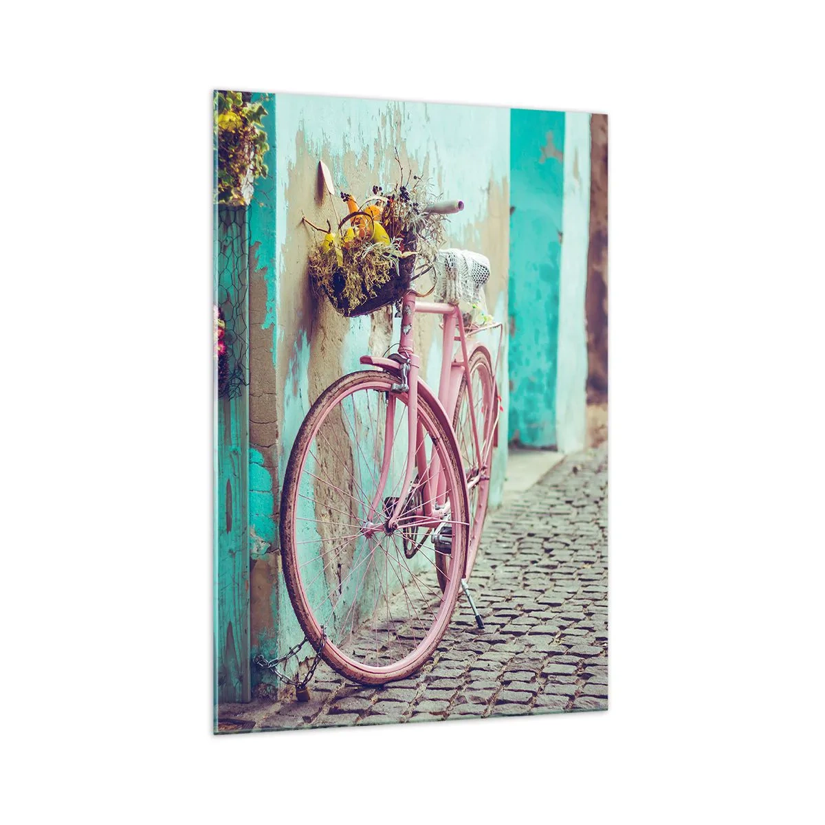 Impression sur verre - Image sur verre - Un vélo rose près d'une porte turquoise - 70x100cm - Je reviens tout de suite - Décoration murale moderne pour le salon et la chambre ARTTOR