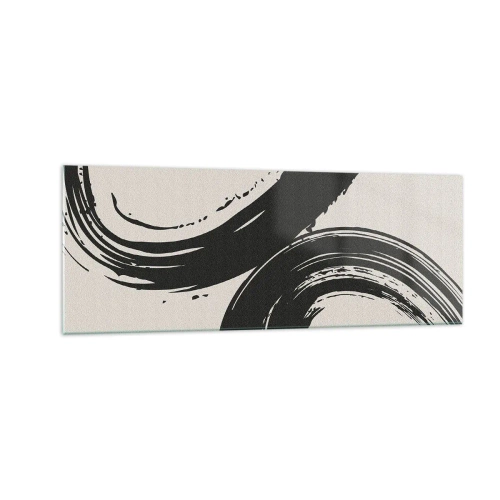 Impression sur verre - Image sur verre - Coups de pinceau dynamiques en noir sur fond clair - 140x50cm - Balayage circulaire - Décoration murale moderne pour le salon et la chambre ARTTOR