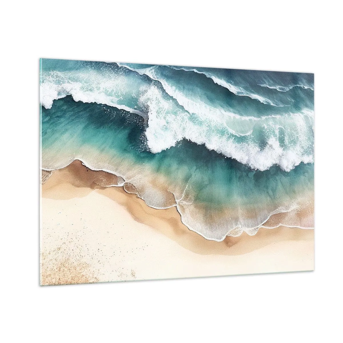Impression sur verre - Image sur verre - Les vagues de l'océan s'écrasent sur une plage de sable doré - 100x70cm - La rencontre éternelle - Décoration murale moderne pour le salon et la chambre ARTTOR