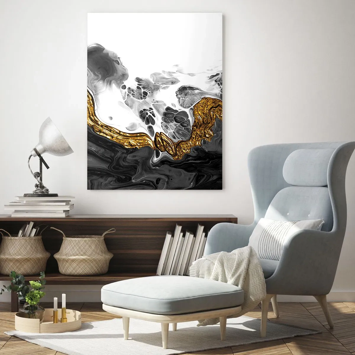 Impression sur verre - Image sur verre - Composition abstraite de noir, blanc et or - 50x70cm - Composition organique - Décoration murale moderne pour le salon et la chambre ARTTOR