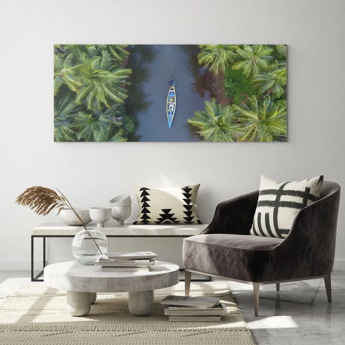 Impression sur verre - Image sur verre - Vue aérienne d'un bateau sur une rivière entourée de palmiers - 120x50cm - Sur un sentier tropical - Décoration murale moderne pour le salon et la chambre ARTTOR