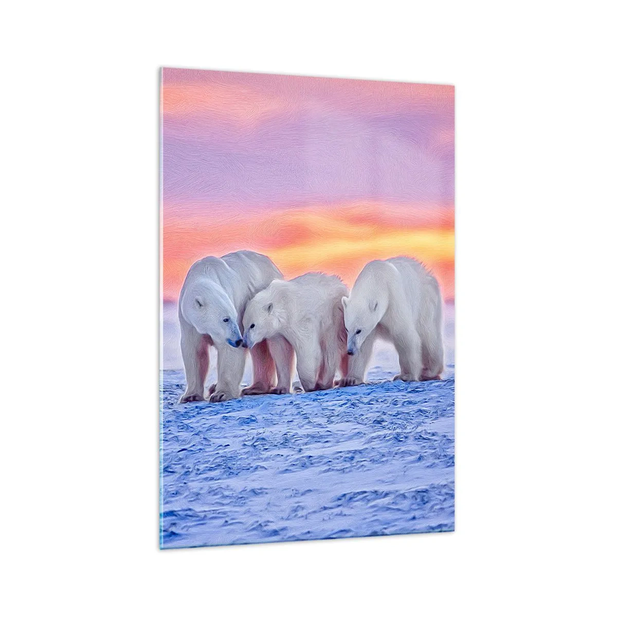 Impression sur verre - Image sur verre - Trois ours polaires sur fond de coucher de soleil arctique - 70x100cm - La chaleur familiale suffit - Décoration murale moderne pour le salon et la chambre ARTTOR