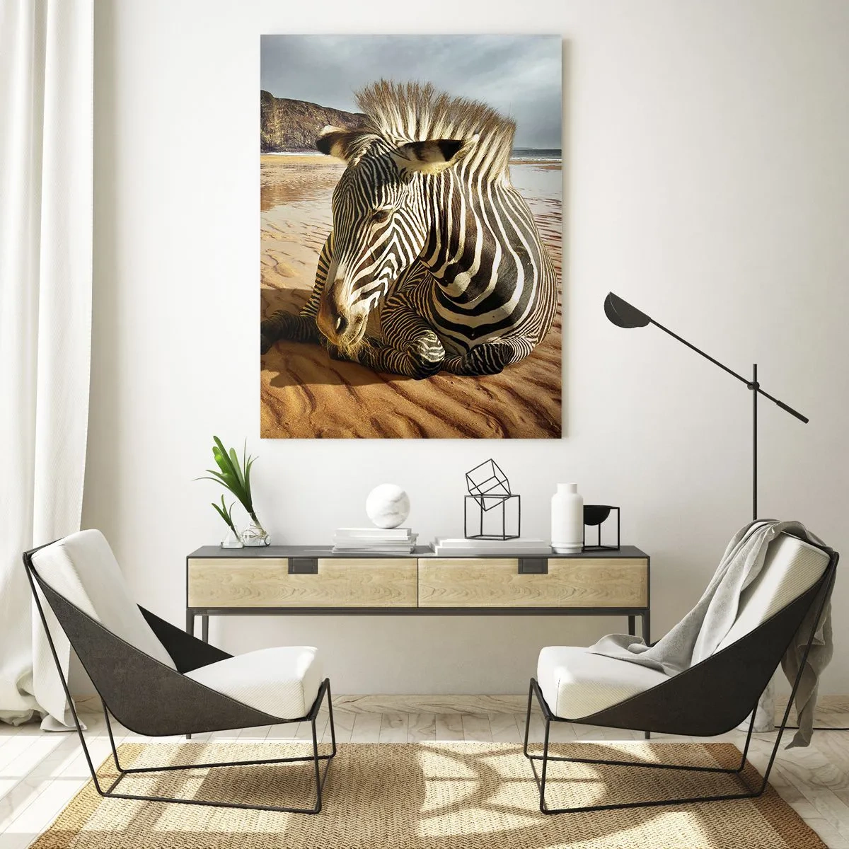 Impression sur verre - Image sur verre - Un zèbre se reposant sur la plage au coucher du soleil - 50x70cm - On va bien ensemble - Décoration murale moderne pour le salon et la chambre ARTTOR