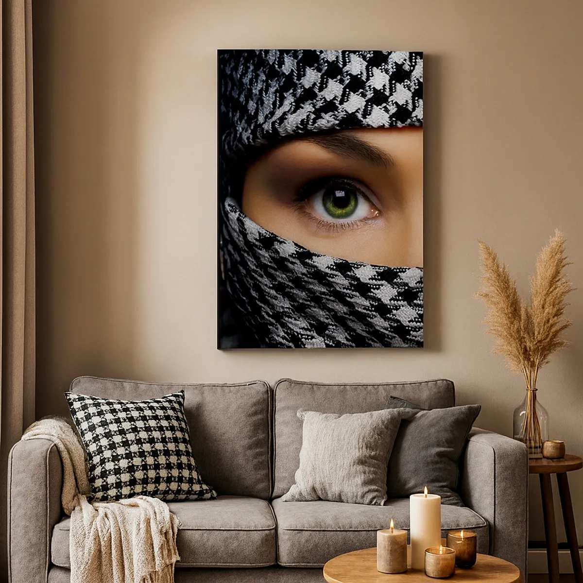 Impression sur toile - Image sur toile - Les yeux verts d'une femme sont cachés derrière un tissu à motifs en noir et blanc. - 50x70cm - Un portrait d'une beauté voilée aux yeux verts - Décoration murale moderne pour le salon et la chambre ARTTOR