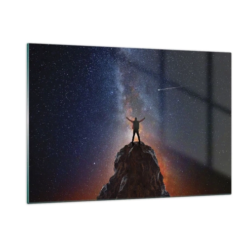 Impression sur verre - Image sur verre - Silhouette d'un homme au sommet d'un rocher sous un ciel étoilé - 120x80cm - Le force est avec moi! - Décoration murale moderne pour le salon et la chambre ARTTOR