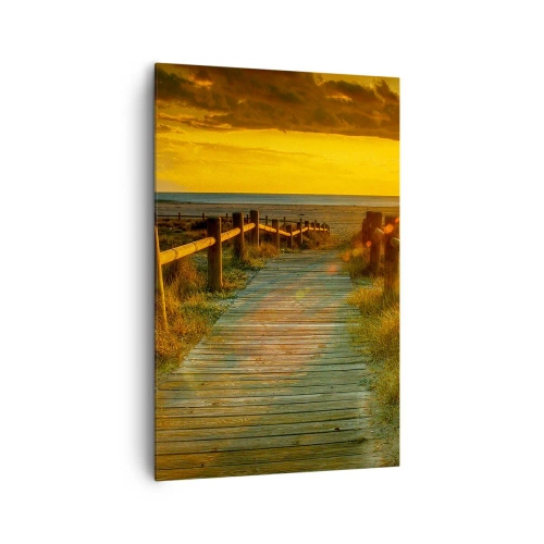 Impression sur toile - Image sur toile - Un chemin en bois menant à la plage à la lueur du soleil couchant - 80x120cm - Baigné dans le vieil or - Décoration murale moderne pour le salon et la chambre ARTTOR