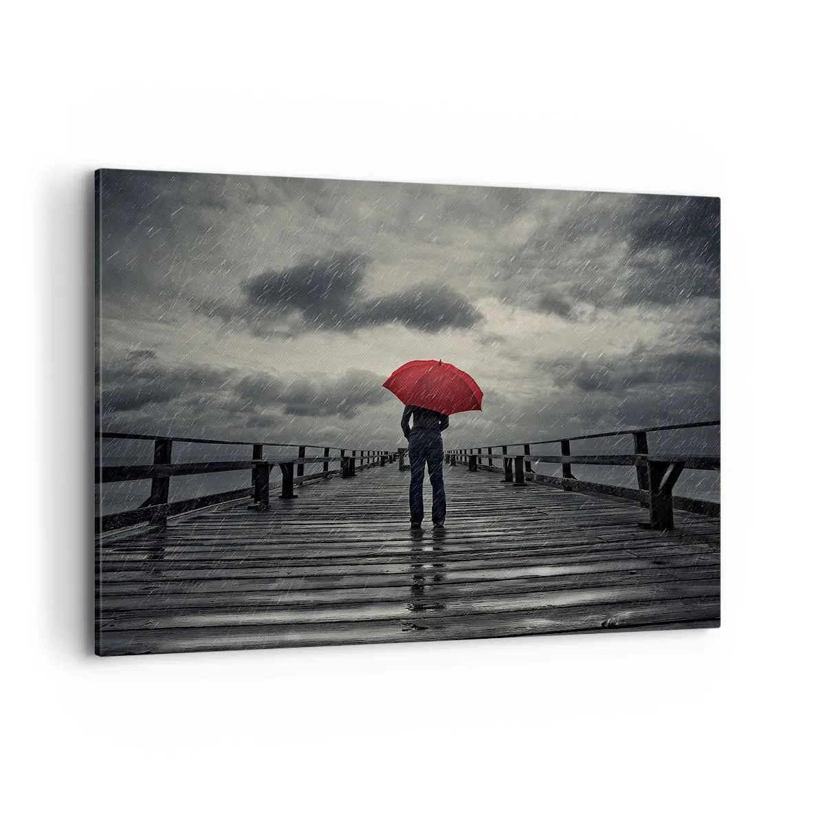 Impression sur toile - Image sur toile - Une personne avec un parapluie rouge sur une jetée pluvieuse - 100x70cm - Peu importe qu'il pleuve - Décoration murale moderne pour le salon et la chambre ARTTOR