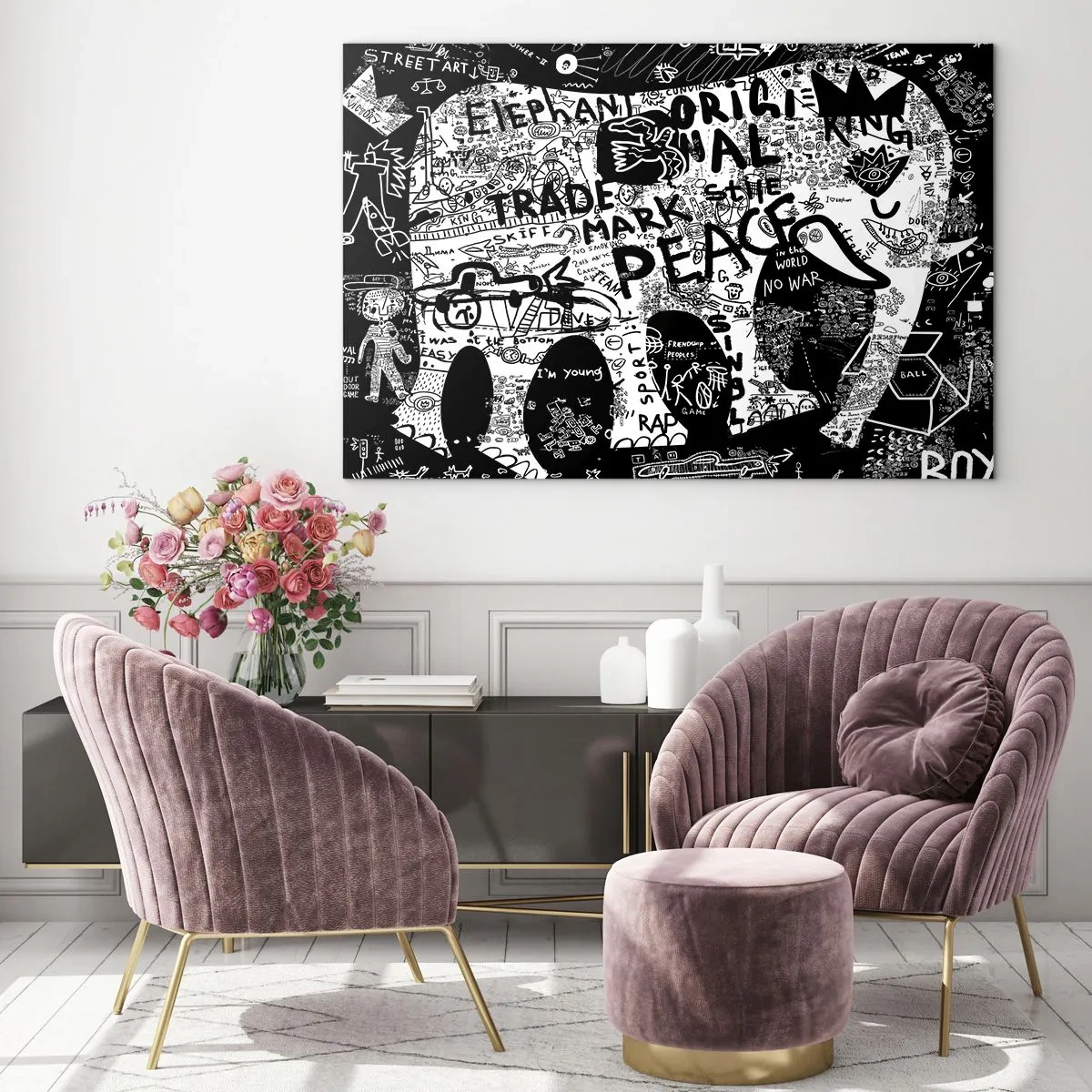 Impression sur verre - Image sur verre - Image de graffiti en noir et blanc avec des thèmes de paix et de liberté - 100x70cm - La richesse des rues - Décoration murale moderne pour le salon et la chambre ARTTOR
