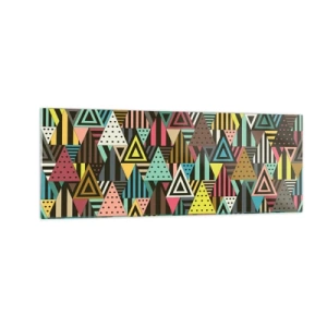 Impression sur verre - Image sur verre - Motif géométrique coloré avec des triangles et des lignes - 140x50cm - En rythme de trois - Décoration murale moderne pour le salon et la chambre ARTTOR