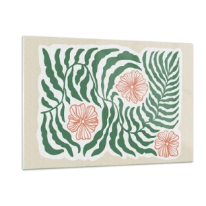 Impression sur verre - Image sur verre - Feuilles vertes et fleurs rouges dans un arrangement graphique - 120x80cm - Fleurit en vert - Décoration murale moderne pour le salon et la chambre ARTTOR