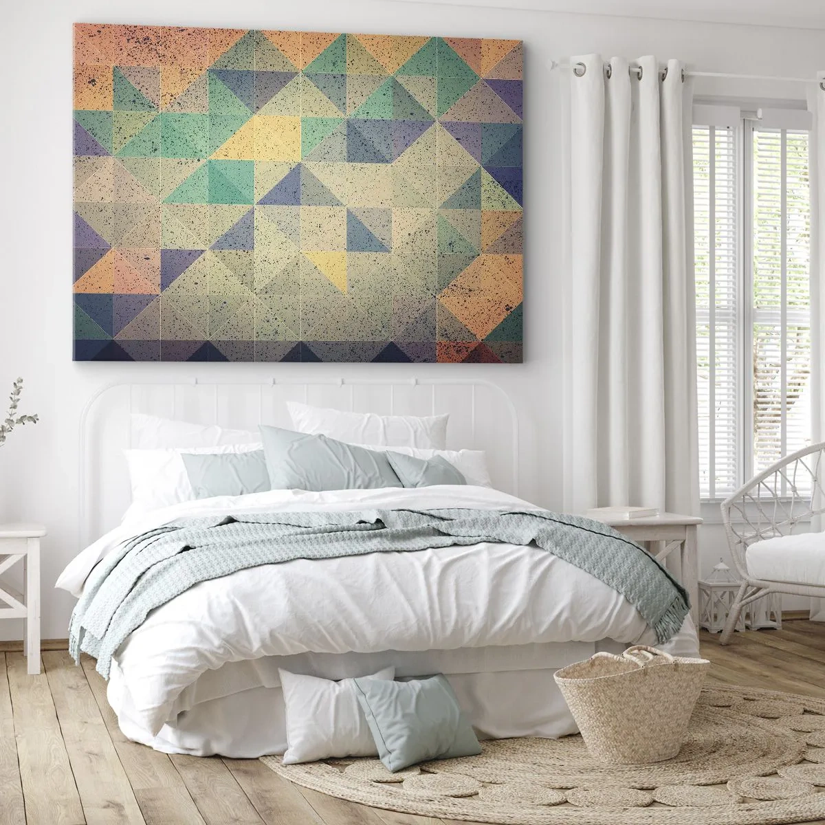 Impression sur toile - Image sur toile - Une composition colorée de triangles géométriques dans des tons pastel. - 100x70cm - République des triangles - Décoration murale moderne pour le salon et la chambre ARTTOR